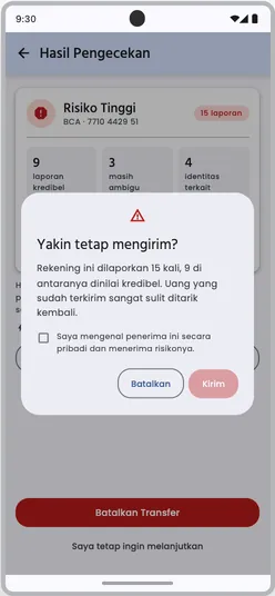 Dialog “Yakin tetap mengirim?” dengan jumlah laporan, kotak centang bahwa nasabah mengenal penerima dan menerima risikonya, serta tombol Batalkan dan Kirim.