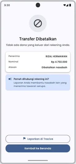 Layar Transfer Dibatalkan: tidak ada dana yang keluar, dengan ajakan melaporkan rekening itu di Tracive.