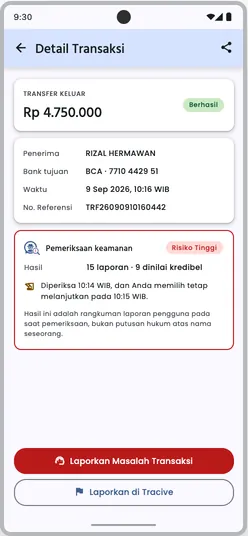 Detail transaksi yang tetap dikirim: status Berhasil, pemeriksaan Risiko Tinggi dengan 15 laporan, waktu diperiksa dan waktu nasabah memilih melanjutkan, serta tombol bantuan dan lapor — tanpa Ulangi Transfer.