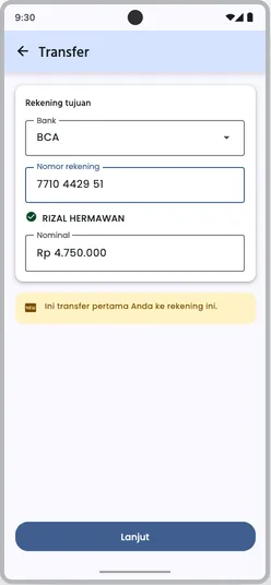 Layar transfer aplikasi bank: bank BCA, nomor rekening 7710 4429 51 atas nama RIZAL HERMAWAN, nominal Rp 4.750.000, dan catatan bahwa ini transfer pertama ke rekening itu.