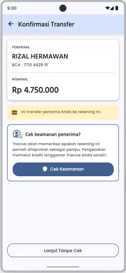 Layar konfirmasi transfer dengan kartu “Cek keamanan penerima?”, tombol Cek Keamanan dan Lanjut Tanpa Cek.