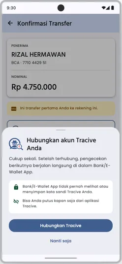 Lembar “Hubungkan akun Tracive Anda” di atas layar konfirmasi: cukup sekali, kata sandi Tracive tidak pernah terlihat oleh aplikasi bank, dan koneksi bisa diputus kapan saja.