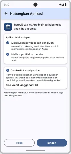 Layar consent di aplikasi Tracive: aplikasi bank meminta izin melakukan pengecekan penipuan dan melihat profil dasar, dengan keterangan cara kredit dipakai serta tombol Tolak dan Izinkan.