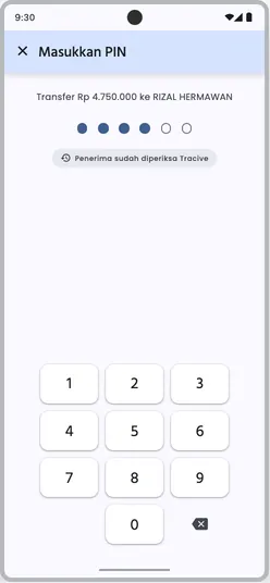 Layar PIN transfer dengan penanda bahwa penerima sudah diperiksa Tracive.