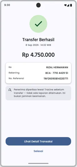 Struk transfer berhasil yang mencatat penerima sudah diperiksa lewat Tracive tanpa laporan, dengan keterangan bahwa itu bukan jaminan keamanan.