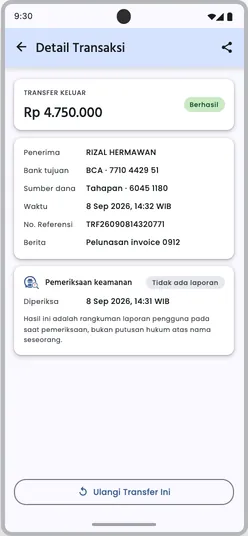 Detail transaksi dengan bagian Pemeriksaan keamanan: tidak ada laporan, waktu diperiksa, dan keterangan pendamping.