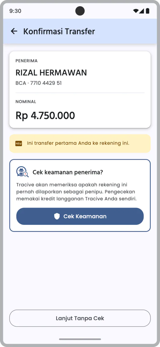 Layar konfirmasi transfer di aplikasi bank dengan tombol Cek Keamanan dari Tracive