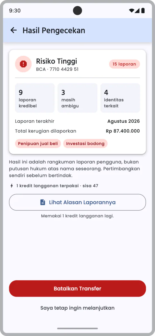 Hasil pengecekan Tracive: rekening penerima berisiko tinggi dengan 15 laporan, dan tombol Batalkan Transfer